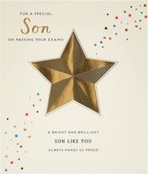 UK Greetings congratulation card for passing exams, featuring a cheerful design and message for a son.