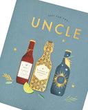 UK Greetings contemporary beer design Uncle birthday card showing colorful beer illustrations and festive greeting text.