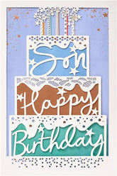 UK Greetings contemporary cake design birthday card for son, featuring colorful cake illustration and cheerful message.