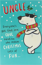 UK Greetings Cool Uncle Polar Bear greeting card featuring a friendly polar bear illustration, perfect for celebrating an uncle.