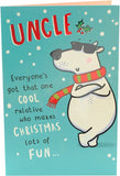 UK Greetings Cool Uncle Polar Bear greeting card featuring a playful polar bear illustration for an uncle, suitable for special occasions.