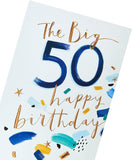 UK Greetings 50th Birthday Card with copper foil details, featuring festive design and elegant lettering on a greeting card.