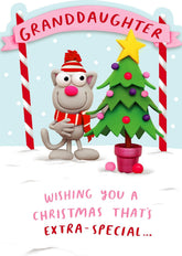 UK Greetings Crackers Extra greeting card featuring a funny cat design and a Christmas message for a special granddaughter.