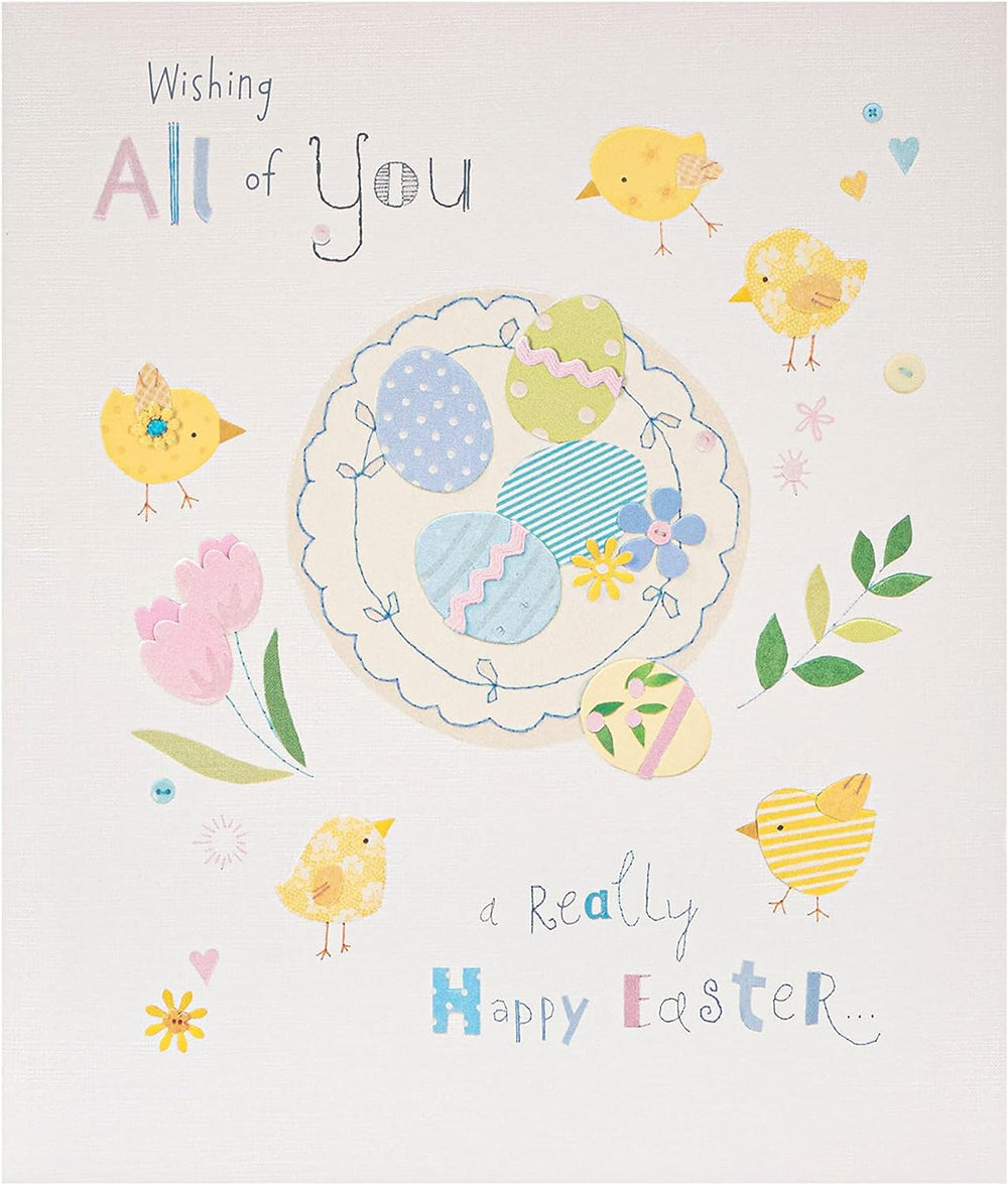 UK Greetings cute Easter card featuring colorful chicks and festive design, measuring 159 x 184mm for celebrating Easter.