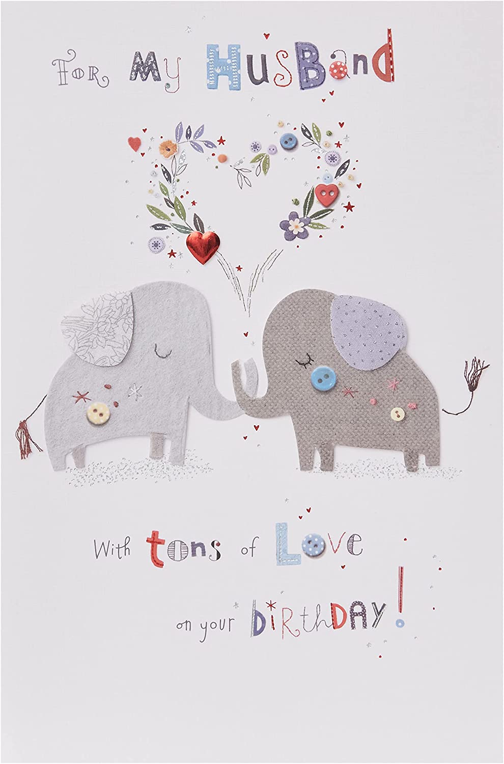 UK Greetings cute elephant husband birthday card with "Tons of Love" message, featuring colorful elephant illustration and festive design