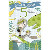 UK Greetings cute explorer and dinosaur design birthday card for grandson, featuring colorful illustrations for a 5th birthday.