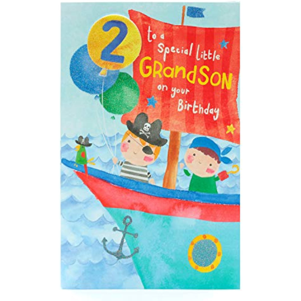 UK Greetings cute pirate design greeting card for grandson's 2nd birthday, featuring colorful pirate illustrations.