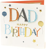 UK Greetings Dad birthday card featuring colorful balloons, suitable for celebrating special occasions with a heartfelt message.