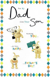 UK Greetings Dad from Son Boofle Father's Day Card, colorful greeting card with Boofle character and heartfelt message inside.