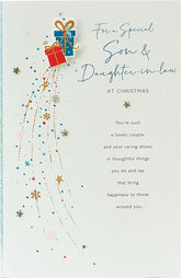 UK Greetings Daydreams Christmas card featuring dual presents for son and daughter-in-law, with festive holiday design.