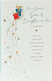 UK Greetings Daydreams Christmas card featuring dual presents for son and daughter-in-law, with festive holiday design.
