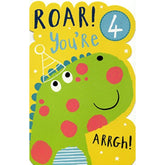 UK Greetings dinosaur design 4th birthday greeting card with badge featuring colorful dinosaur illustrations for kids' celebration.