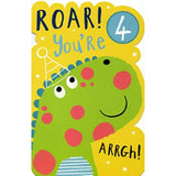 UK Greetings dinosaur design 4th birthday greeting card with badge featuring colorful dinosaur illustrations for kids' celebration.