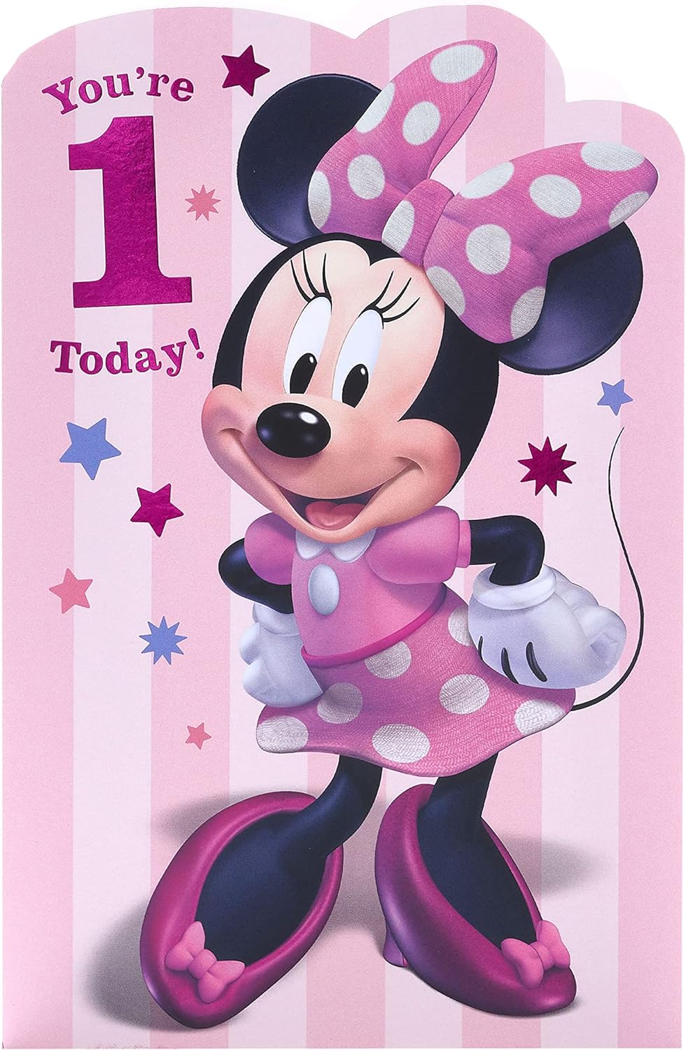 Pink Disney 1st birthday greeting card for girls featuring Minnie Mouse and an envelope, by UK Greetings.