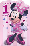 Pink Disney 1st birthday greeting card for girls featuring Minnie Mouse and an envelope, by UK Greetings.