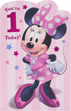 Pink Disney 1st birthday greeting card for girls featuring Minnie Mouse with an envelope, by UK Greetings.