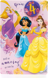 Disney 4th birthday greeting card by UK Greetings featuring Rapunzel, Jasmine, and Belle princess designs.