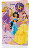 Disney 4th birthday greeting card by UK Greetings featuring princess design with Rapunzel, Jasmine, and Belle.
