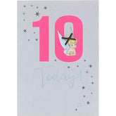 UK Greetings Disney birthday card for a 10-year-old girl featuring colorful Disney characters and festive design.