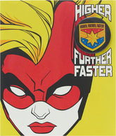 UK Greetings Disney Avengers Captain Marvel birthday greeting card featuring colorful superhero illustration and a matching badge.