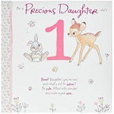 UK Greetings Disney Bambi and Thumper daughter first birthday card featuring colorful illustration of Bambi and Thumper for a special celebration