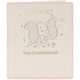 UK Greetings Disney Dumbo baby girl congratulations greeting card with colorful Dumbo illustration and heartfelt message.