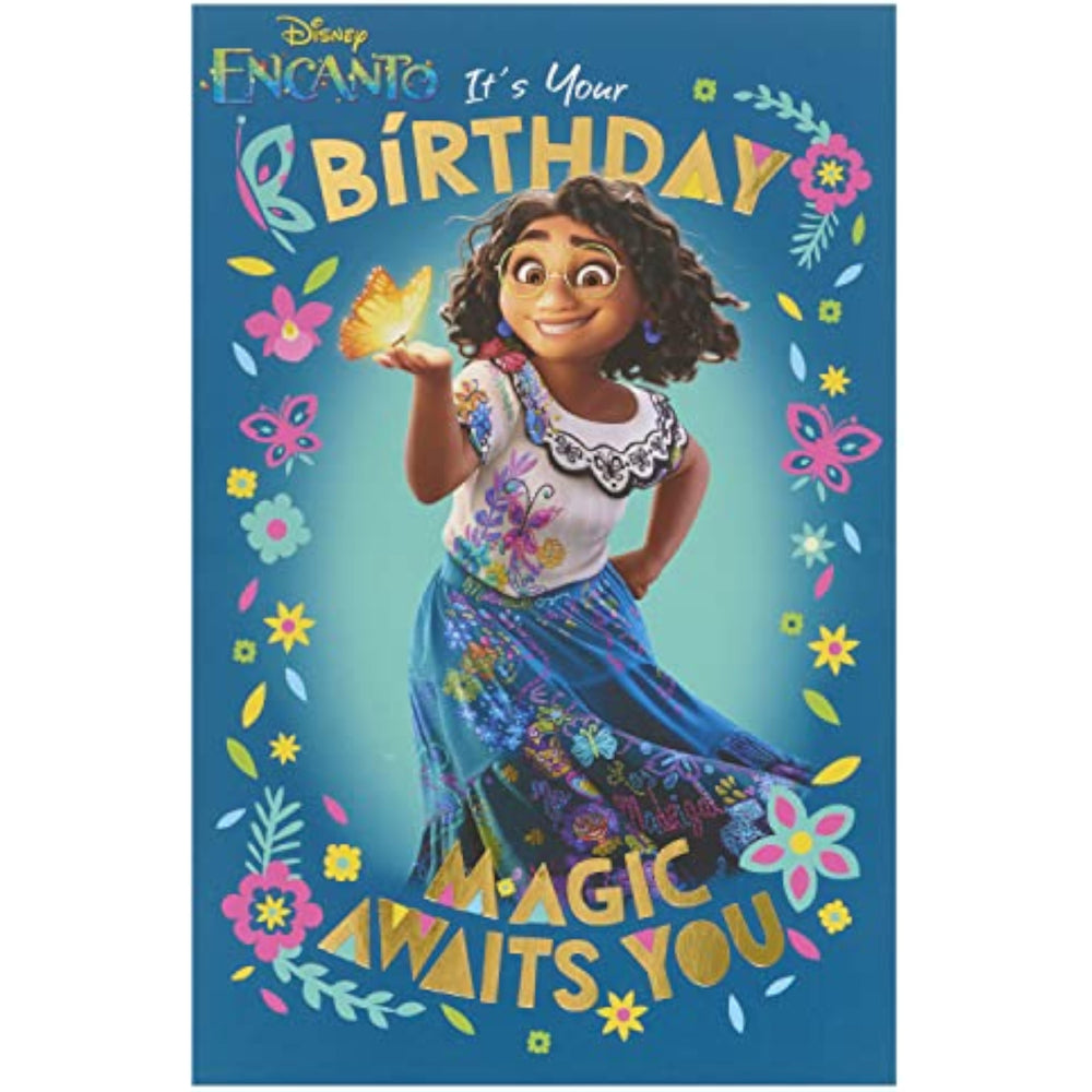 UK Greetings Disney Encanto birthday greeting card featuring colorful Encanto characters and festive design.