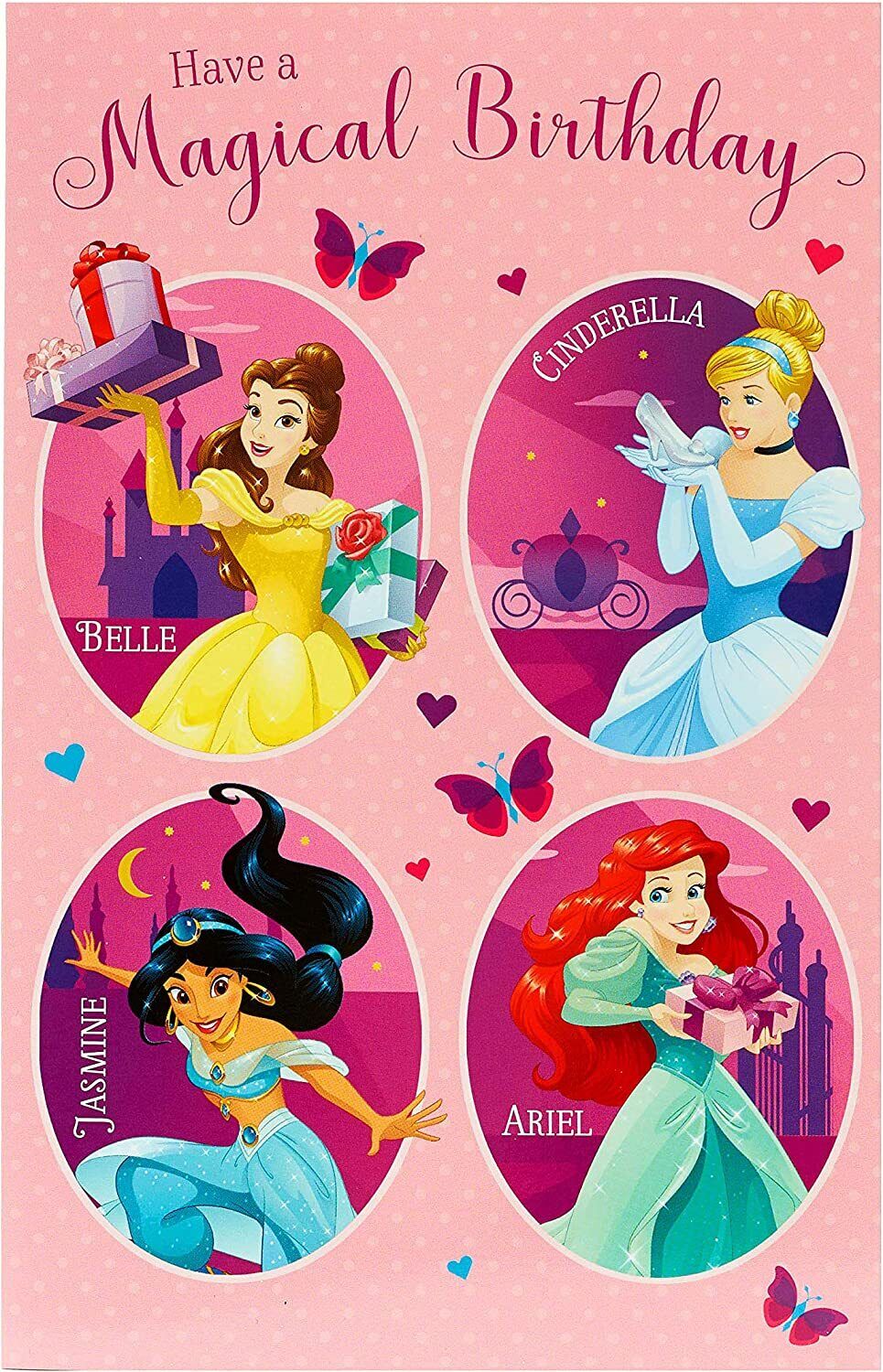 Disney Princess-themed greeting card by UK Greetings featuring colorful illustrations of multiple princesses for birthdays.