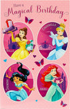 Disney Princess-themed greeting card by UK Greetings featuring colorful illustrations of multiple princesses for birthdays.
