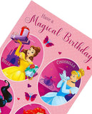 UK Greetings Disney Have a Magical Birthday greeting card featuring multiple Disney princesses with colorful illustrations.