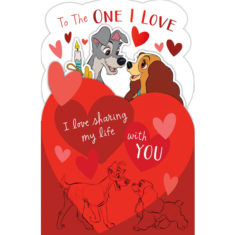 UK Greetings Disney Lady and the Tramp Valentine's Day greeting card featuring romantic illustration of Lady and Tramp.