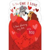 UK Greetings Disney Lady and the Tramp Valentine's Day greeting card featuring romantic illustration of Lady and Tramp.
