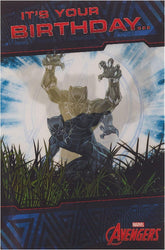 Disney Marvel Avengers 3D holographic birthday card by UK Greetings featuring colorful superhero characters and vibrant design.