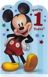 Disney Mickey Mouse 1st birthday greeting card by UK Greetings featuring colorful Mickey Mouse design and festive birthday elements.