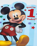 UK Greetings Disney Mickey Mouse 1st Birthday Card featuring Mickey Mouse and colorful birthday graphics.