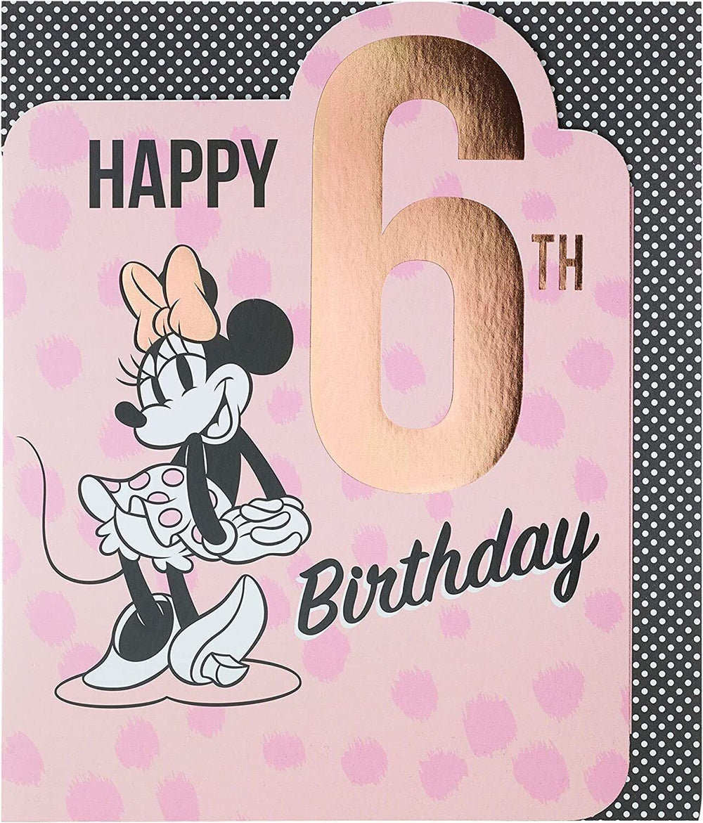 Disney Minnie Mouse 6th birthday greeting card by UK Greetings featuring Minnie Mouse and festive colorful designs.