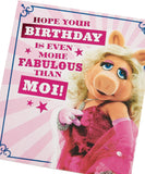 UK Greetings Disney Muppets Miss Piggy birthday card featuring colorful Miss Piggy illustration and festive design.