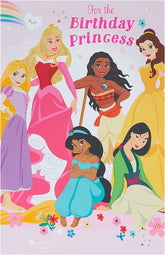 UK Greetings Disney Princes birthday greeting card featuring colorful illustrations of Disney princesses and enchanting design.