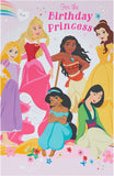 UK Greetings Disney Princes birthday greeting card featuring colorful illustrations of Disney princesses and enchanting design.