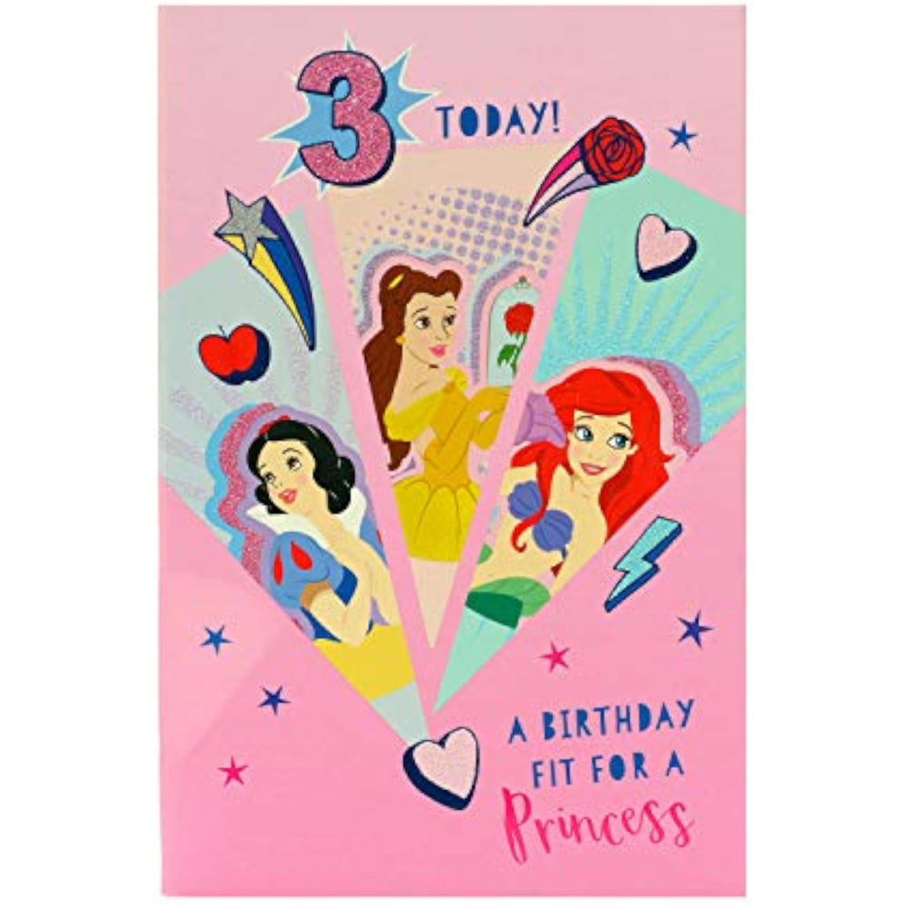 Disney Princess birthday greeting card for age 3 featuring Snow White, Belle, and Ariel from UK Greetings.