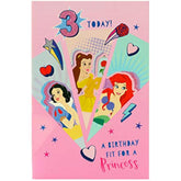 Disney Princess birthday greeting card for age 3 featuring Snow White, Belle, and Ariel from UK Greetings.