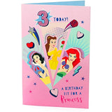 Disney Princess birthday card for age 3 featuring Snow White, Belle, and Ariel, by UK Greetings, with colorful princess illustrations.