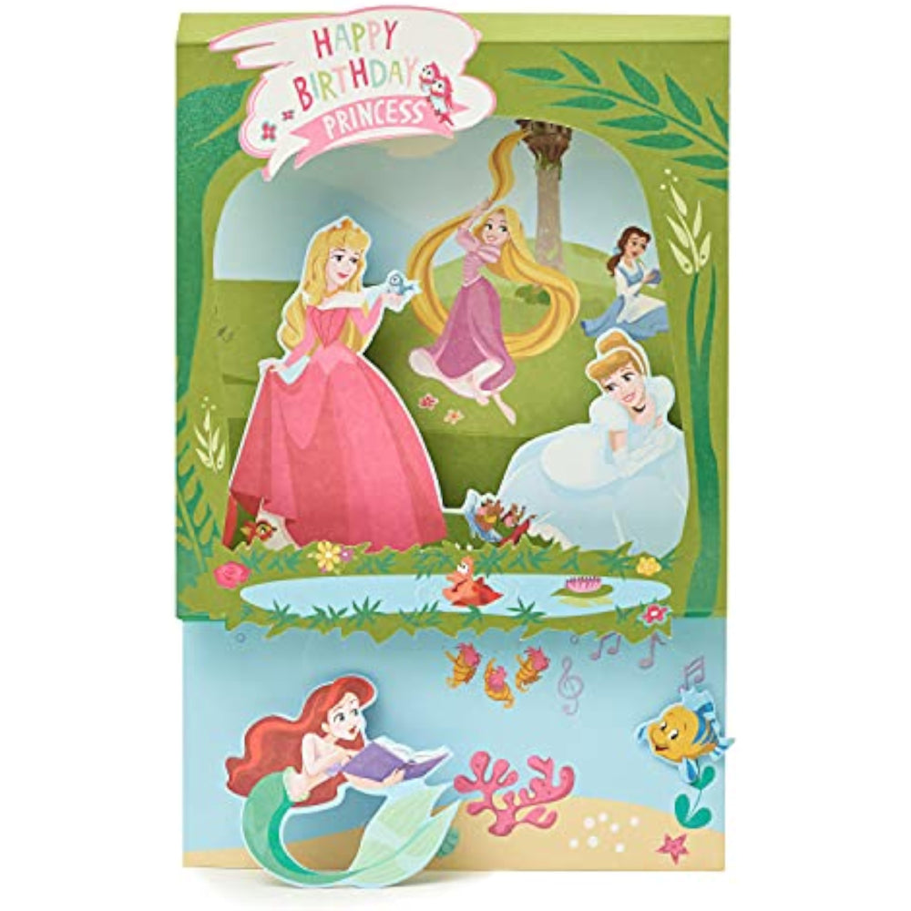 UK Greetings Disney Princess birthday card featuring colorful princess imagery, perfect for celebrating special occasions.