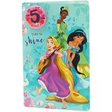Disney Princess girls' 5th birthday greeting card by UK Greetings featuring colorful princess illustrations and a matching badge.