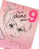 UK Greetings Disney Princess Tinker Bell birthday card for age 9, featuring colorful Tinker Bell illustration and festive design.