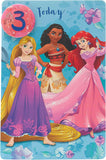 Disney Princesses 3rd Birthday greeting card by UK Greetings featuring colorful princess illustrations and a matching badge.