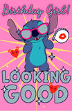 Disney Stitch birthday greeting card for girls by UK Greetings featuring a luxury Stitch design with foil accents.