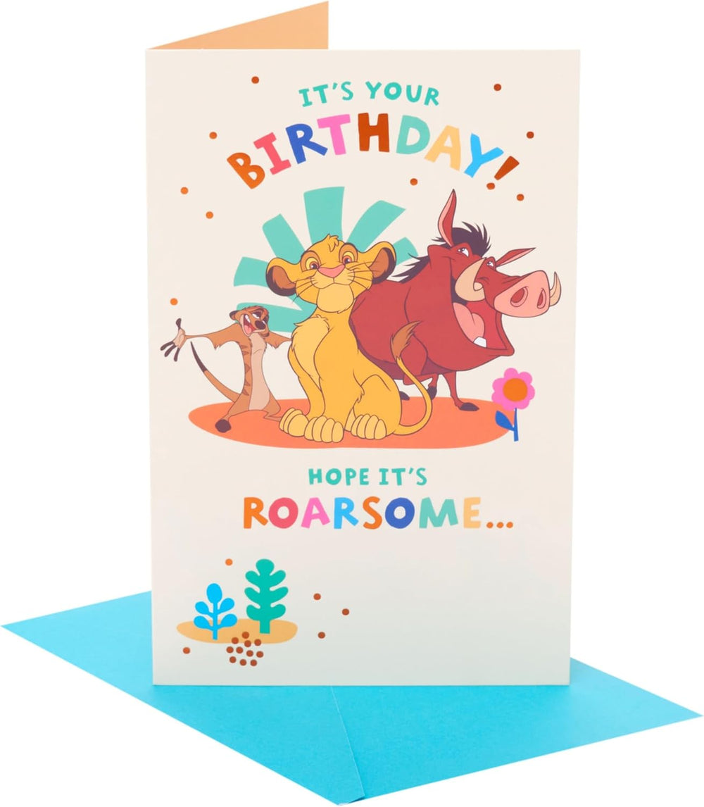 UK Greetings Disney The Lion King birthday card featuring Simba and friends for boys and girls, perfect for happy birthday wishes