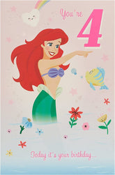 UK Greetings Disney Little Mermaid Ariel 4th birthday card featuring Ariel and ocean-themed design with colorful characters.