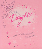 UK Greetings Disney Tinker Bell daughter birthday card featuring Tinker Bell illustration on a colorful greeting card.